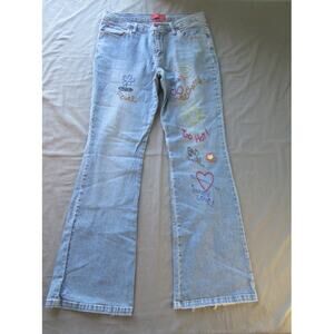 Embroidered Flare Leg Women's Too Hot Jeans 9/10 Heart Flowers Distressed Hem